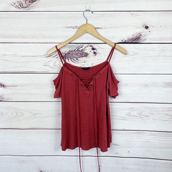 E&M Burnt Orange Lace Up Cold Shoulder Tee Sz S - Picture 2 of 5
